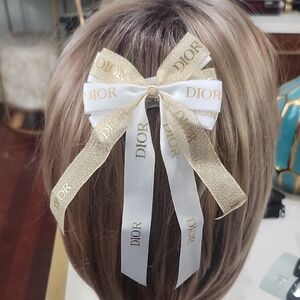 Dior Luxurious White and Gold Ribbon Bow On A Large Hair Pin